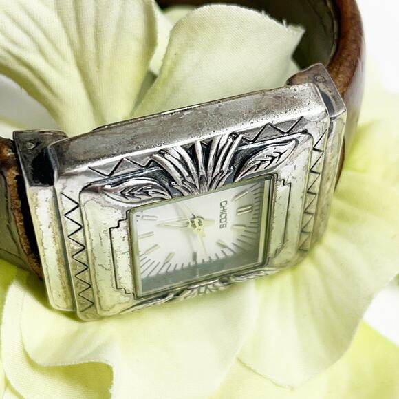 Chico's Silver & Brown Leather Etched Hinge Watch - Picture 2 of 7